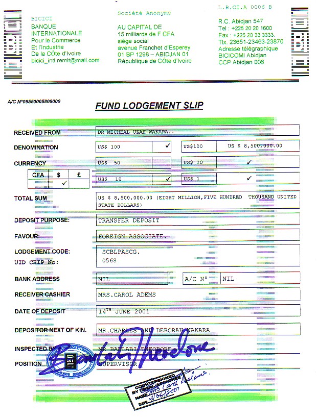 Fund lodgement slip